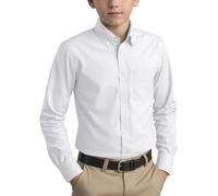 Spring&Gege Camisa de un solo color para niños con cuello abotonado Uniforme escolar informal para niños de algodón, Blanco, 5-6 años