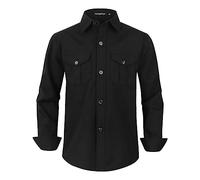 Spring&Gege Camisas de manga larga con cuello abotonado para niños de algodón tejido con dos bolsillos, Negro , 13-14 años
