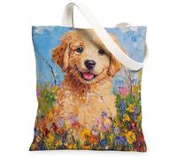 Spring Golden Retriever - Bolsa de lona para compras, 13 x 15 pulgadas, pintura al óleo, diseño de cachorro de flores silvestres, reutilizable, bolsa de estampado de comestibles para mujeres