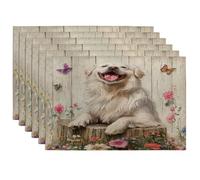 Spring Great Pyrenees - Juego de 6 manteles individuales lavables de 30,5 x 45,7 cm, diseño floral de madera, para comedor en casa, decoración de cocina, fiesta de mascotas