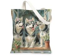 Spring Husky Dog - Bolsa de lona para ir de compras, 13 x 15 pulgadas, con ventana en maceta, cachorro, reutilizable, estampado de comestibles, para mujeres, divertida pintura estética para mascotas