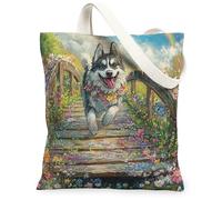 Spring Husky Dog - Bolsa de lona para ir de compras, 13 x 15 pulgadas, diseño de cachorro de jardín campestre reutilizable para mujeres, divertida flor para mascotas, playa, pintura estética