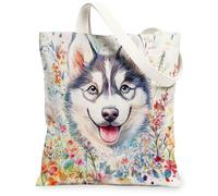 Spring Husky Dog - Bolsa de lona para ir de compras, 13 x 15 pulgadas, divertida acuarela, flores silvestres, cachorro, reutilizable, estampado de comestibles para mujeres, pintura estética de