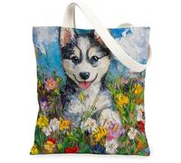 Spring Husky Dog - Bolsa de lona para ir de compras, 13 x 15 pulgadas, pintura al óleo, diseño de cachorro de flores silvestres, reutilizable, bolsa de estampado de comestibles para mujeres, divertida