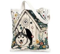 Spring Husky Dog - Bolsa de lona para ir de compras de 13 x 15 pulgadas, divertida perrera de flores para cachorros, bolsa reutilizable con patrón de impresión de comestibles para mujeres, bonita