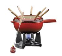 Spring Juego de fondue de hierro fundido rojo, 20 cm de diámetro, con 8 tenedores de fondue y protección contra salpicaduras, para fondue de queso, fondue de carne, quemador de refugio