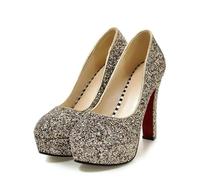 Spring Pattern Fashion Round Head Temperament High-Heeled Women Shoes Golden Silvery Sequins Banquet Marry(Color 1,-33)