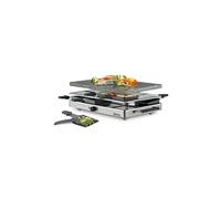 Spring CLASSIC Raclette 8 Personas - Parrilla de granito, piedra caliente con ranura para zumo, 8 sartenes para raclette, 8 rascadores, con estante de almacenamiento, 48 × 27 × 14,5 cm, 1200 W,