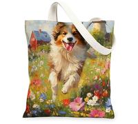 Spring Rough Collie Dog - Bolsa de lona para compras, 13 x 15 pulgadas, bolsa de comestibles reutilizable para mujeres, divertida flor para mascotas, playa, pintura estética, decoración de regalo