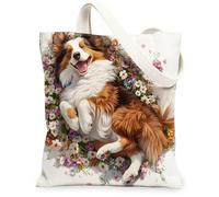 Spring Rough Collie Dog - Bolsa de lona para compras, 13 x 15 pulgadas, bonita bolsa de comestibles reutilizable para mujer, diseño de flores florales para mujeres, mascotas, trabajo, viajes