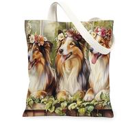 Spring Rough Collie Dog - Bolsa de lona para compras, 13 x 15 pulgadas, con ventana en maceta, cachorro, reutilizable, estampado de comestibles para mujeres, divertida pintura estética para mascotas
