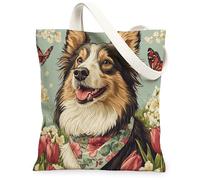 Spring Rough Collie Dog - Bolsa de lona para compras, 13 x 15 pulgadas, flores vintage, floral, reutilizable, bolsa de comestibles para mujeres, mascotas, trabajo, viajes, pintura, decoración de