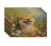 Spring Shiba Inu - Juego de 4 manteles individuales lavables de 12 x 18 pulgadas, diseño de flores coloridas, para comedor en casa, fiesta de mascotas, decoración de cocina