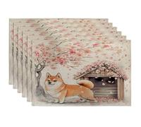 Spring Shiba Inu - Juego de 6 manteles individuales con diseño de perro Shiba Inu, 12 x 18 pulgadas, divertido estampado floral de cabaña para comedor, decoración de cocina y hogar