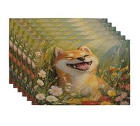 Spring Shiba Inu - Juego de 6 manteles individuales lavables de 12 x 18 pulgadas, diseño de flores coloridas, para el hogar, comedor, fiesta de mascotas, decoración de cocina