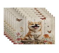 Spring Shiba Inu - Juego de 6 manteles individuales lavables para comedor, 12 x 18 pulgadas, diseño floral de madera, para comedor, vacaciones, hogar, cocina