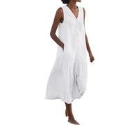 Spring Summer Sleeveless Cotton Linen Dress Summer Dresses for Women Sleeveless Pockets Vacation Maxi Dresses (L,Milky)