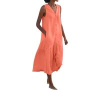 Spring Summer Sleeveless Cotton Linen Dress Summer Dresses for Women Sleeveless Pockets Vacation Maxi Dresses (XL,Orange Red)