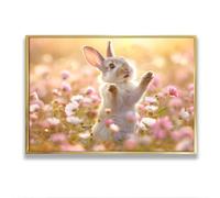 Spring Vibes Bunny Field Lienzo Arte de pared Lindo Imágenes de animales Impresión de prado de flores Conejo Pastoral Pintura de la naturaleza para decor habitación guardería 80x120cm con marco dorado
