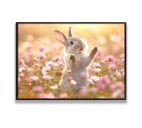 Spring Vibes Bunny Field Lienzo Arte de pared Lindo Imágenes de animales Impresión de prado de flores Conejo Pastoral Pintura de la naturaleza para decor habitación guardería 80x120cm con marco negro