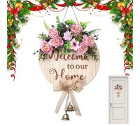 Spring Welcome Sign, 30cm Round Rustic Wood Door Decor with Ribbon Bow & Bells, Front Door Wreath, Flower Wall Hanging for Home