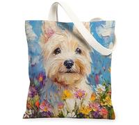 Spring Westie - Bolsa de lona para compras, 13 x 15 pulgadas, pintura al óleo, diseño de cachorro de flores silvestres, reutilizable, bolsa de estampado de comestibles para mujeres, divertida