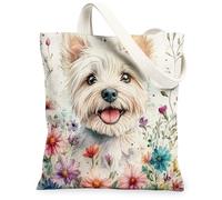 Spring Westie - Bolsa de lona para ir de compras de 13 x 15 pulgadas, divertida acuarela de flores silvestres, cachorro, reutilizable, estampado de comestibles para mujeres, pintura estética de