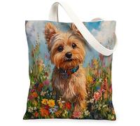 Spring Yorkie Dog - Bolsa de lona para compras, 13 x 15 pulgadas, pintura al óleo, diseño de cachorro de flores silvestres, bolsa de comestibles reutilizable para mujeres, divertida playa para