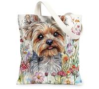 Spring Yorkie Dog - Bolsa de lona para ir de compras, 13 x 15 pulgadas, divertida acuarela, flores silvestres, cachorro, reutilizable, bolsa de comestibles para mujeres, pintura estética de mascotas