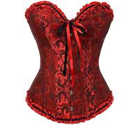 Springcmy Corsé de talla grande para mujer, corpiño con huesos, moldeador, lencería floral, encaje con volantes, cintura push up, A-negro rojo, M