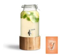 SPRINGLANE - Dispensador de bebidas de cristal, 5 L, con grifo de acero inoxidable y soporte de madera de roble, dispensador de limonada, diseño vintage Mason Jar