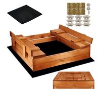 SPRINGOS Arenero de Jardín para Niños Arenero Cuadrado de Madera Impregnada con 2 Bancos y Tapa 98 x 98 cm