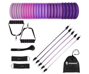 SPRINGOS Expander - 5 anclajes de goma para puerta, 2 correas para los pies, bandas de resistencia para entrenamiento de fuerza y desarrollo muscular, tonos violetas