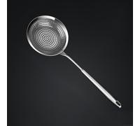 Springwillfly Cuchara de cocina de acero inoxidable 304 diseñada para uso en aceite caliente y agua hirviendo con drenaje de líquido y gancho de descanso de borde (pequeño)
