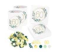 Sprinlot 20 Servilletas 60 cumpleaños+12 Portavelas de Mesa para 60 Cumpleaños, Servilletas de Cumpleaños de Eucalipto Verde Confeti Decoración para 60 Años Cumpleaños Hombre Mujer