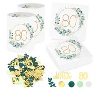 Sprinlot 20 Servilletas 80 cumpleaños+12 Portavelas de Mesa para 80 Cumpleaños, Servilletas de Cumpleaños de Eucalipto Verde Confeti Decoración para 80 Años Cumpleaños Hombre Mujer