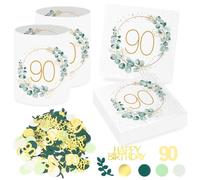 Sprinlot 20 Servilletas 90 cumpleaños+12 Portavelas de Mesa para 90 Cumpleaños, Servilletas de Cumpleaños de Eucalipto Verde Confeti Decoración para 90 Años Cumpleaños Hombre Mujer