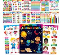 SpriteGru 15 Pósteres Educativos en Español e Inglés, Póster Bilingüe Grueso a Prueba de Agua y Rasgaduras con Película PET, Herramienta de Aprendizaje Temprano de Idiomas, Pósteres Educativos