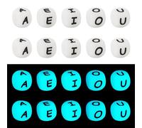 Spritewelry 50 cuentas luminosas de silicona que brillan en la oscuridad, forma de cubo con letra A, E, I O U, cuentas de vocal, espaciador del alfabeto para llaveros, pulseras, fabricación de joyas