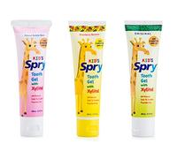Spry Pasta de Dientes Natural con Xilitol para Niños (+3 Meses) - Gel Dental sin Flúor, Apoya el Desarrollo de los Dientes, Fresa-Plátano, Chicle y Original, 60 ml (Pack de 3)