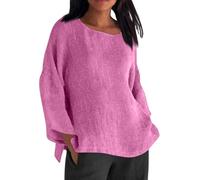 SPSMOKH Camisetas de manga larga para mujer, camisetas de verano de gran tamaño, de lino y algodón, blusas y camisas para mujer, cuello redondo, camisa holgada para primavera, elegante, para oficina
