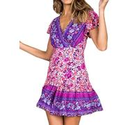 SPSMOKH Vestido de verano vintage bohemio con cuello en V para mujer, vestido corto acampanado a la moda, casual, vestido de playa con cinturón (A morado, L)