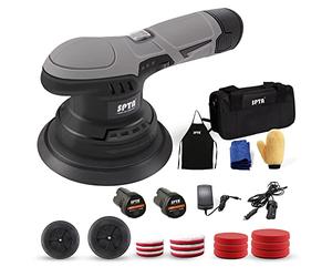SPTA Mini Pulidora Coche, Máquina Pulidora, 125/150mm 12V Pulidora para Coche, Pulidora a batería, 2X Batería Li-on 2000 mAh, 6x Esponja pulir Coche 6x Almohadilla de pulido de microfibra -LD601EU