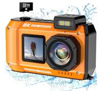 SPUNALP Cámara subacuática 8K UHD de 33 pies, enfoque automático, 70 MP, resistente al polvo, a prueba de golpes, cámara digital impermeable, cámara de fotografía submarina de doble pantalla con