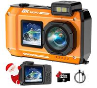 SPUNALP Cámara subacuática UHD 8K, 70 MP 33 pies, WiFi, impermeable, tarjeta de 64 GB, enfoque automático, batería de 2500 mAh, digital flotante de 18 aumentos para esnórquel, naranja