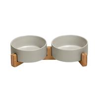 SPUNKYJUNKY - Cuenco de cer mica para perros y gatos con soporte de madera, antideslizante, esmaltado mate, juego de agua y comida con peso para