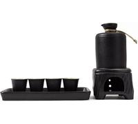 SPUZZO Ceramic Sake Set + Warmer Pot Tray, Stovetop Safe Traditional Japanese Pottery Hot Saki Drink, 8-Piece Include 1 Stove 1 Warming Bowl 1 Sake Bottle 1 Tray 4 Cup