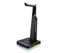 SPYCO - Soporte Auriculares Gaming | LED RGB Breathing | 2 Puertos USB | Base Antideslizante | Cable Anti-Bobinado en PVC | Compatible con Notebook, Ordenador y Tablet, Negro, 250 mm, Caucho