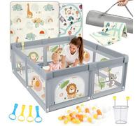SPYLAVE Parque infantil para bebé, 180 x 200 cm, con colchón, XXL con fondo antideslizante y red transpirable, tejido Oxford 210D, parque infantil estable y seguro, Playpen, 60 pelotas, 4 asas