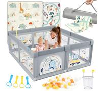 SPYLAVE Parque infantil para bebé, 180 x 200 cm, con colchón, XXL con fondo antideslizante y red transpirable, tejido Oxford 210D, parque infantil estable y seguro, Playpen, 60 pelotas, 4 asas